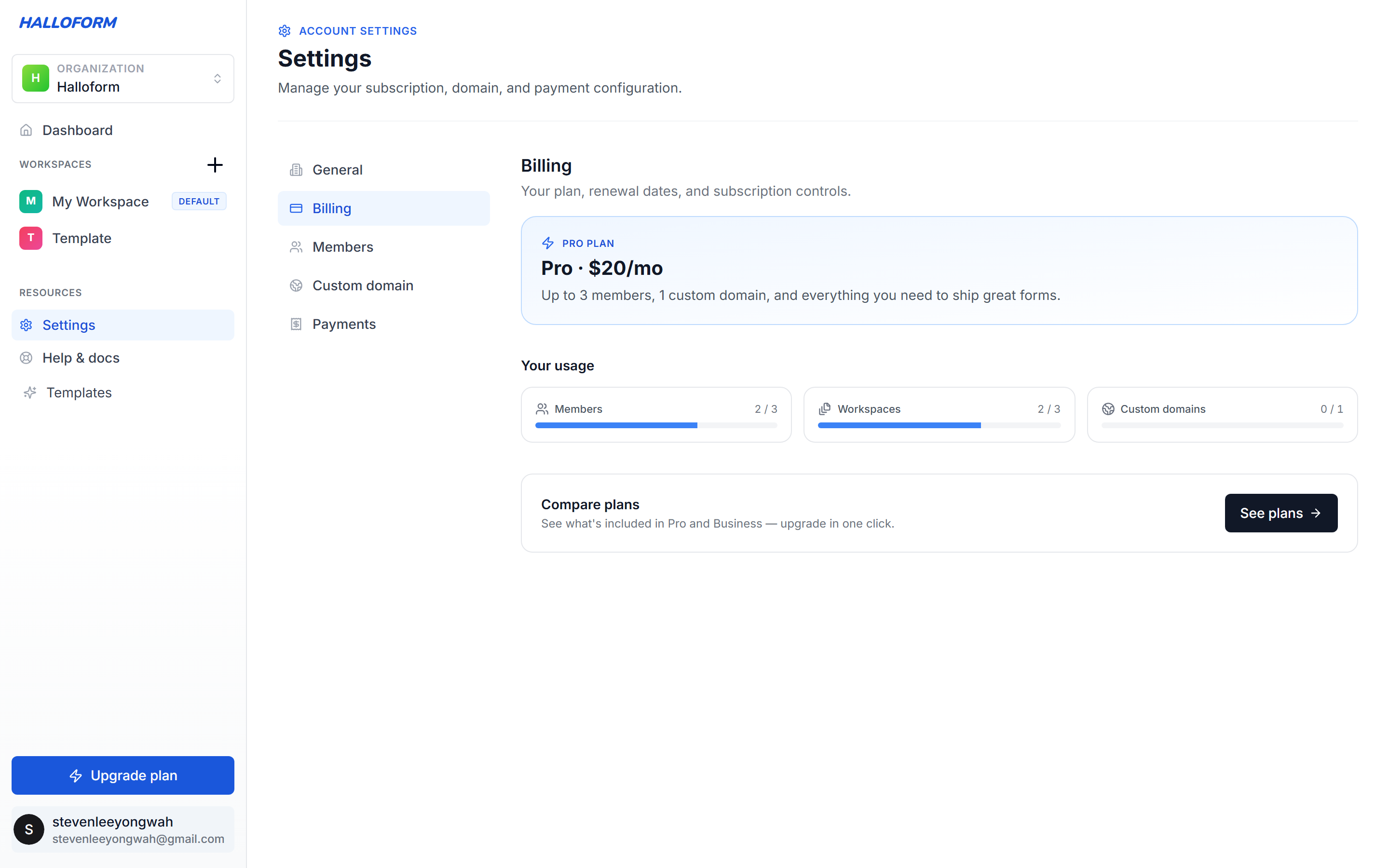 Billing settings page showing the current Pro plan card, usage meters for members/workspaces/custom domains, and a Compare plans section with a See plans button.