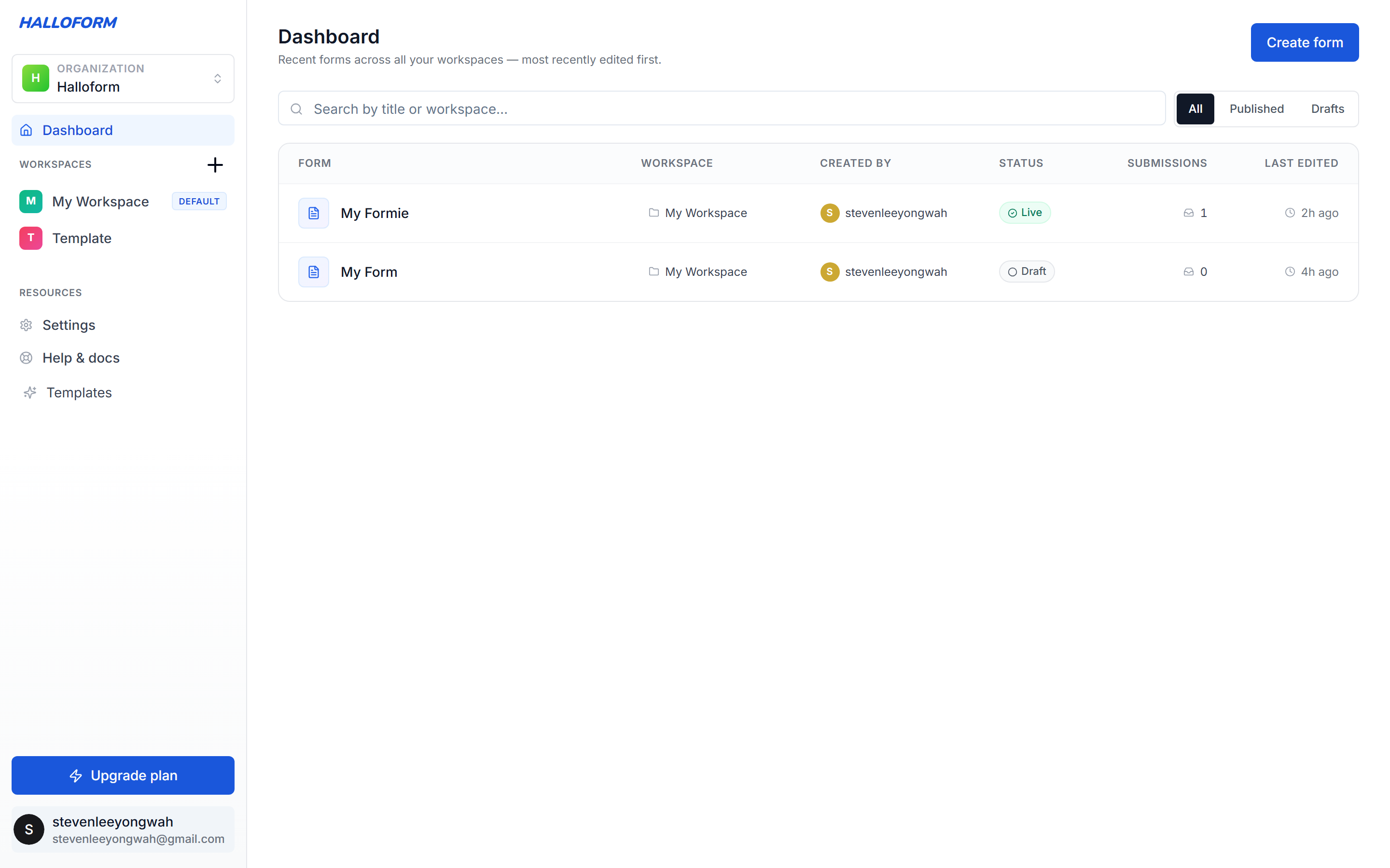 Halloform dashboard listing the user's forms with workspace switcher and Create form button.