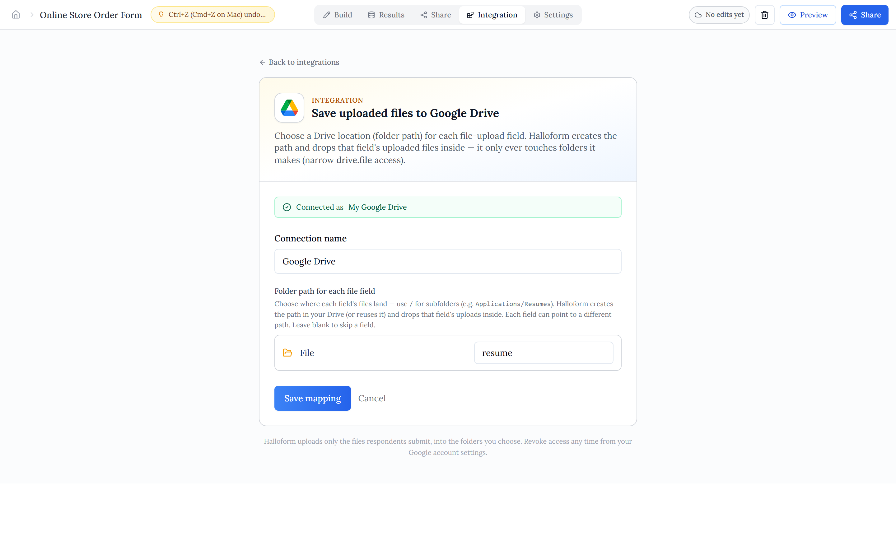 The Google Drive connect wizard: a connected Google account, a connection name, and each file-upload field with a folder-path input to map it to a Drive folder.